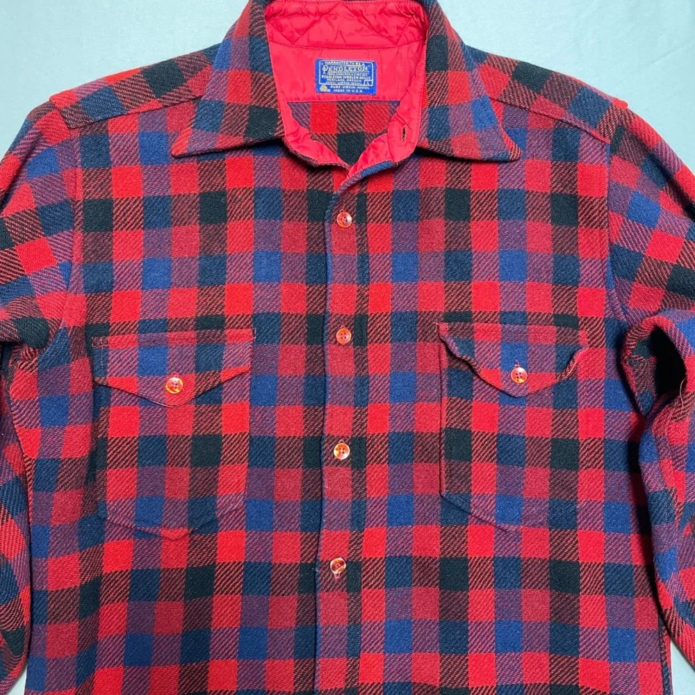 Vtg 70s Pendleton Wool Shirt L‎ Red Navy Buffalo Plaid Lumberjack Trail USA